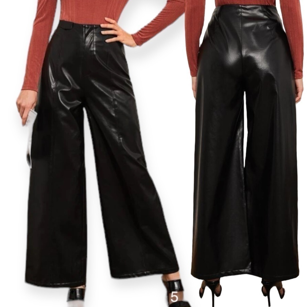 SHEIN High Waist Wide Baggy Leg PU Leather Pants Goth Lolita Large Black…